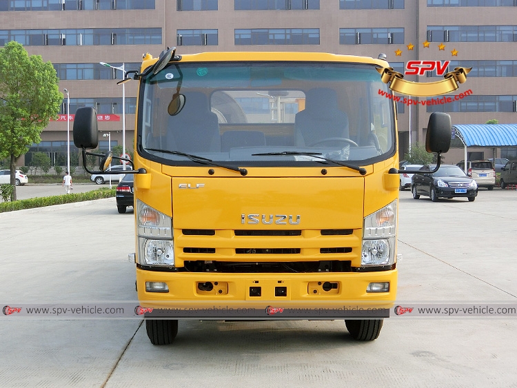 Photo 1: Front view of ISUZU NPR Flatbed Tow Truck